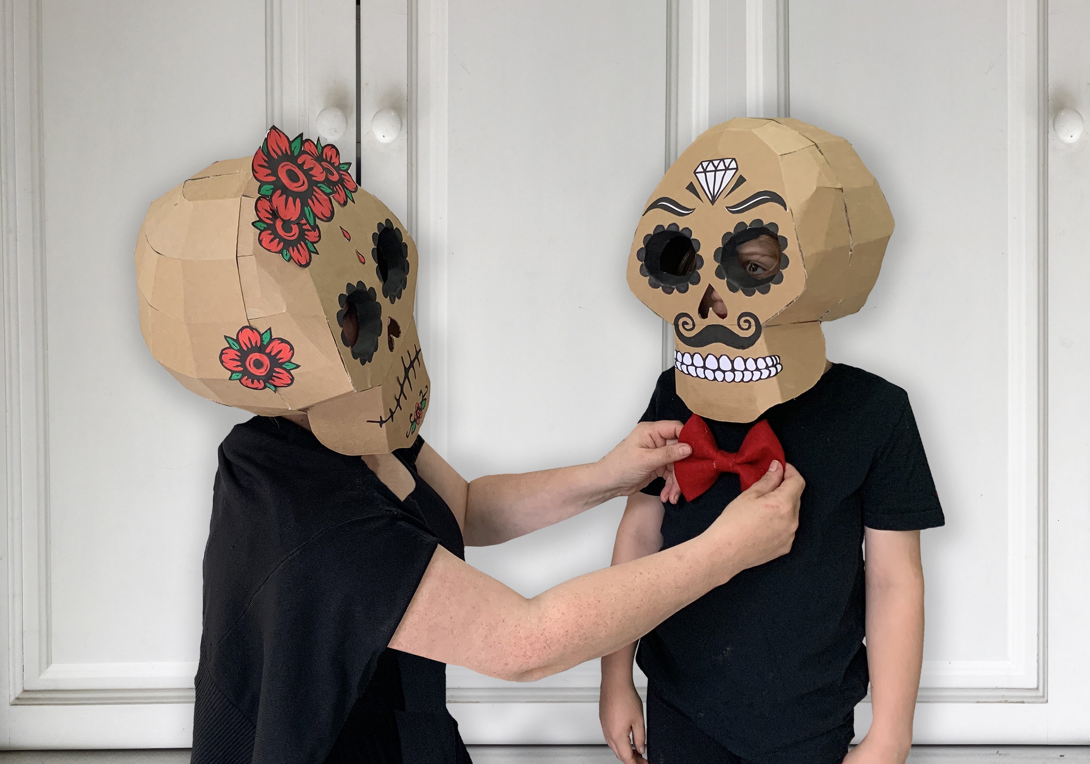 DIY Cardboard sugar skull costumes which can also be made into scary halloween skulls