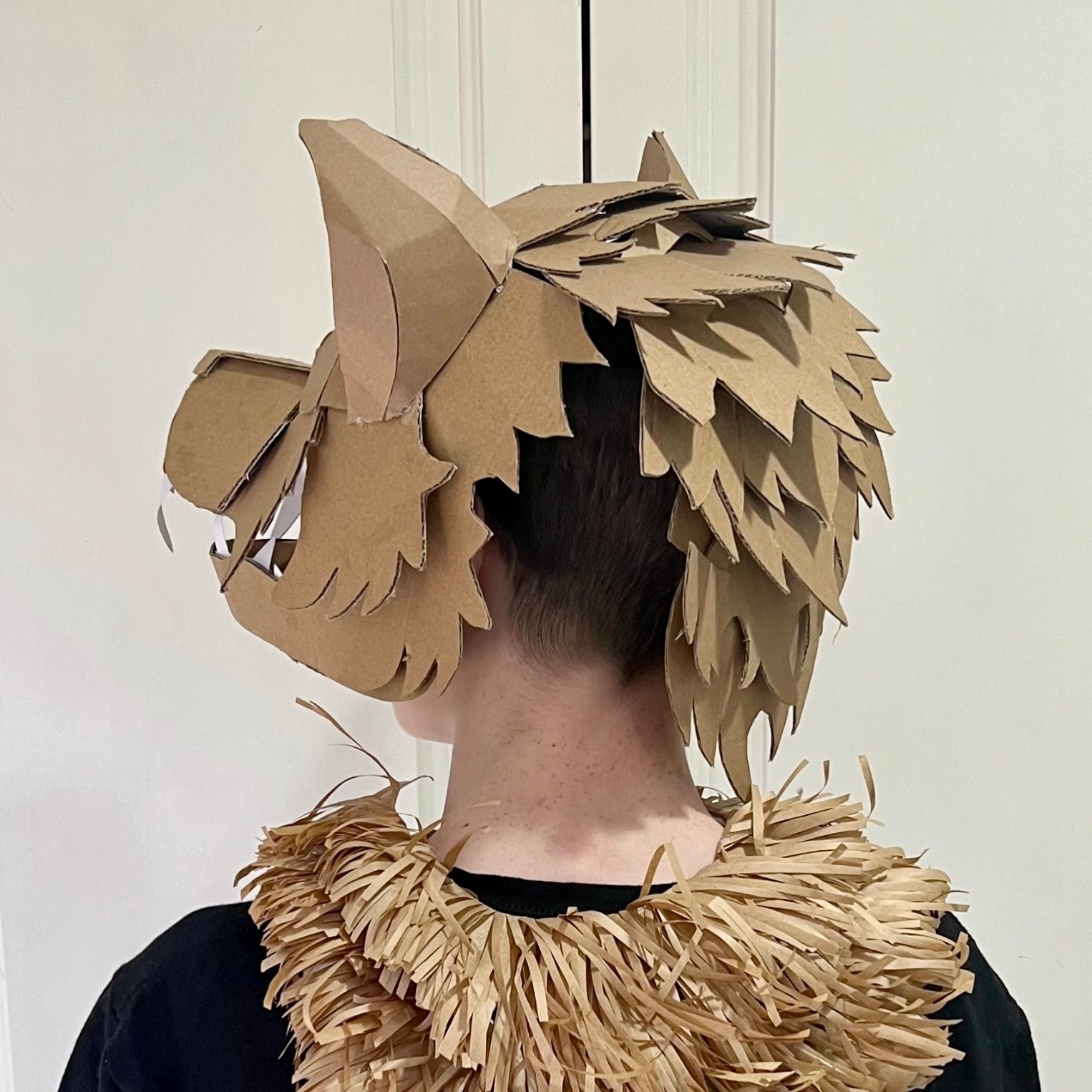 Person wearing a cardboard wolf mask (back view)
