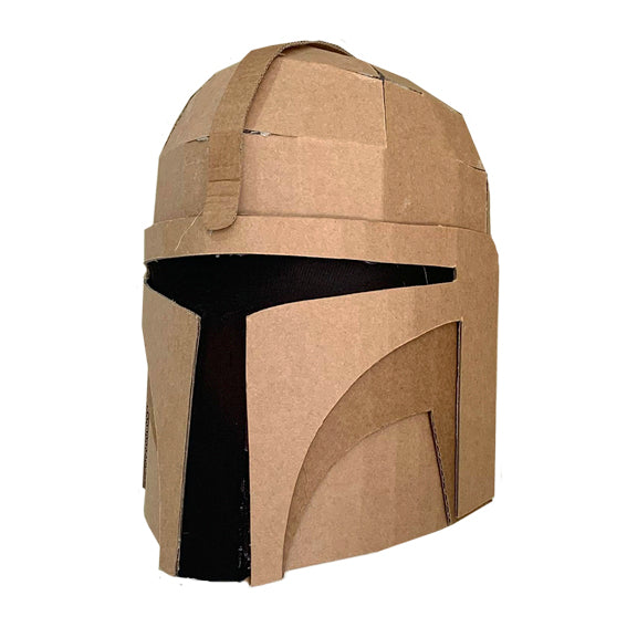 Cardboard Bounty Hunter helmet with a template and tutorial  inspired by a Mandalorian helmet picture is on a white  background.