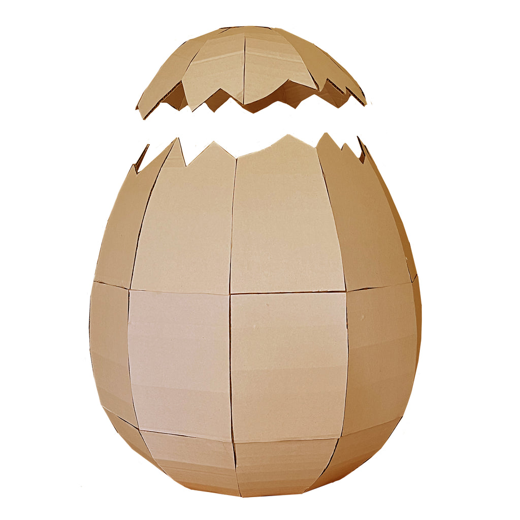 Cardboard egg costume on a white background