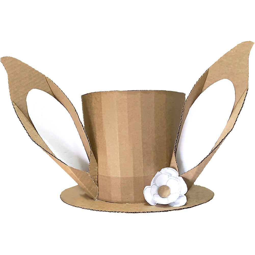 Cardboard top hat with rabbit ears and a white flower on a white background