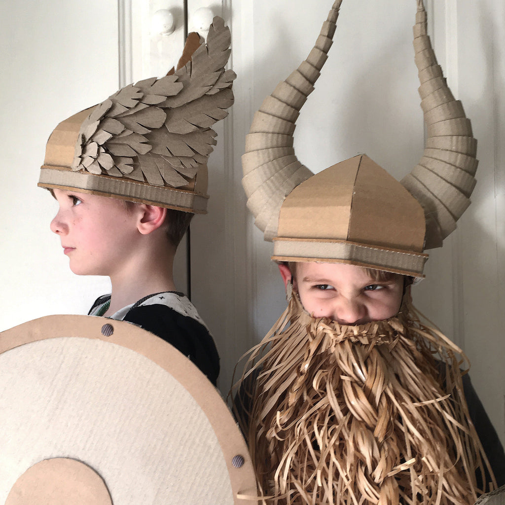 Cardboard viking Helmets with wings and horns.