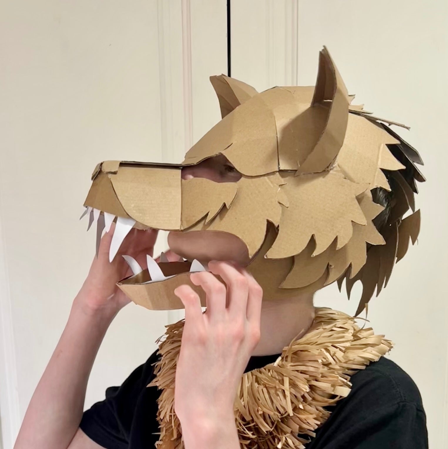 Person opening the jaw of their cardboard wolf mask.
