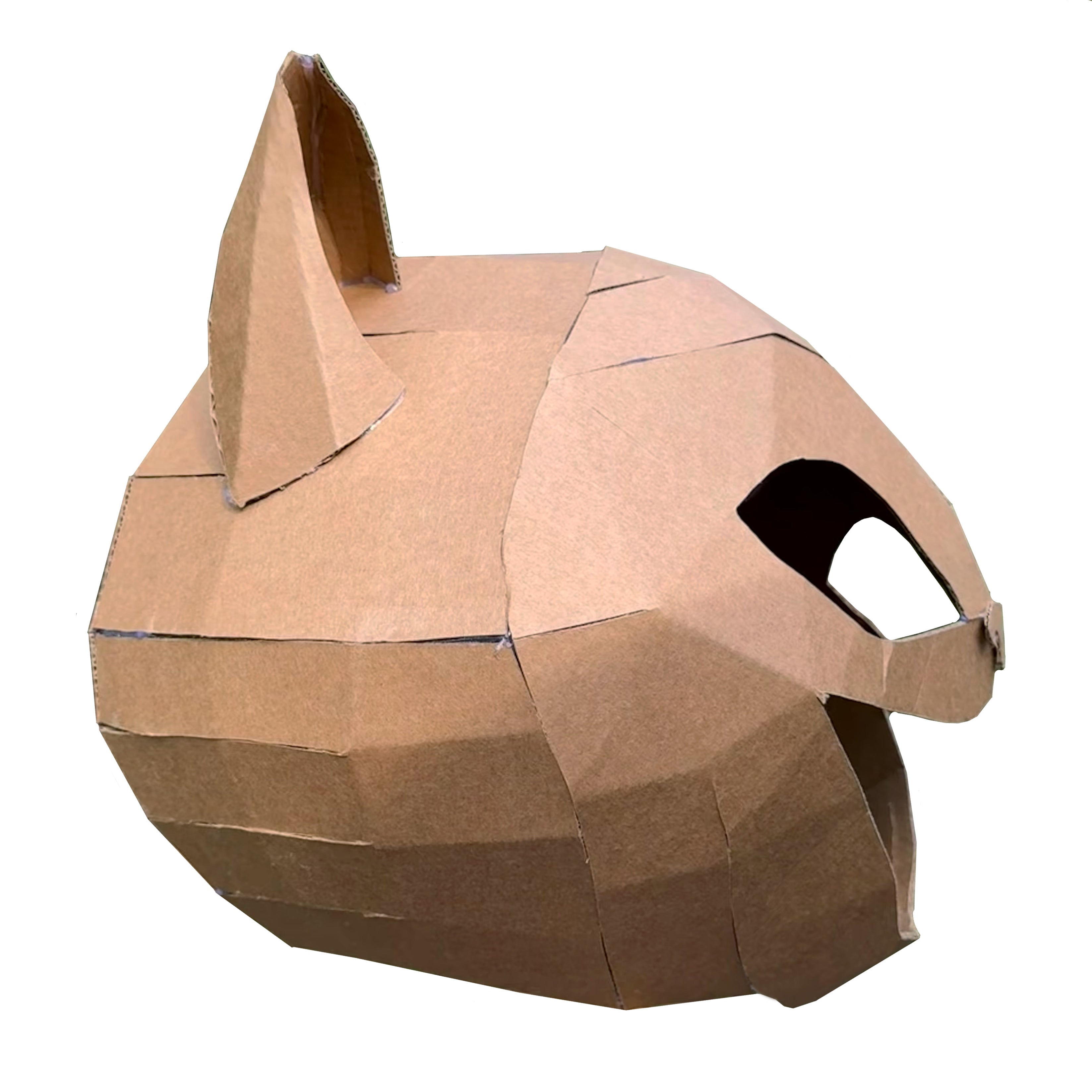 Side view of a Cardboard cat costume head with white background
