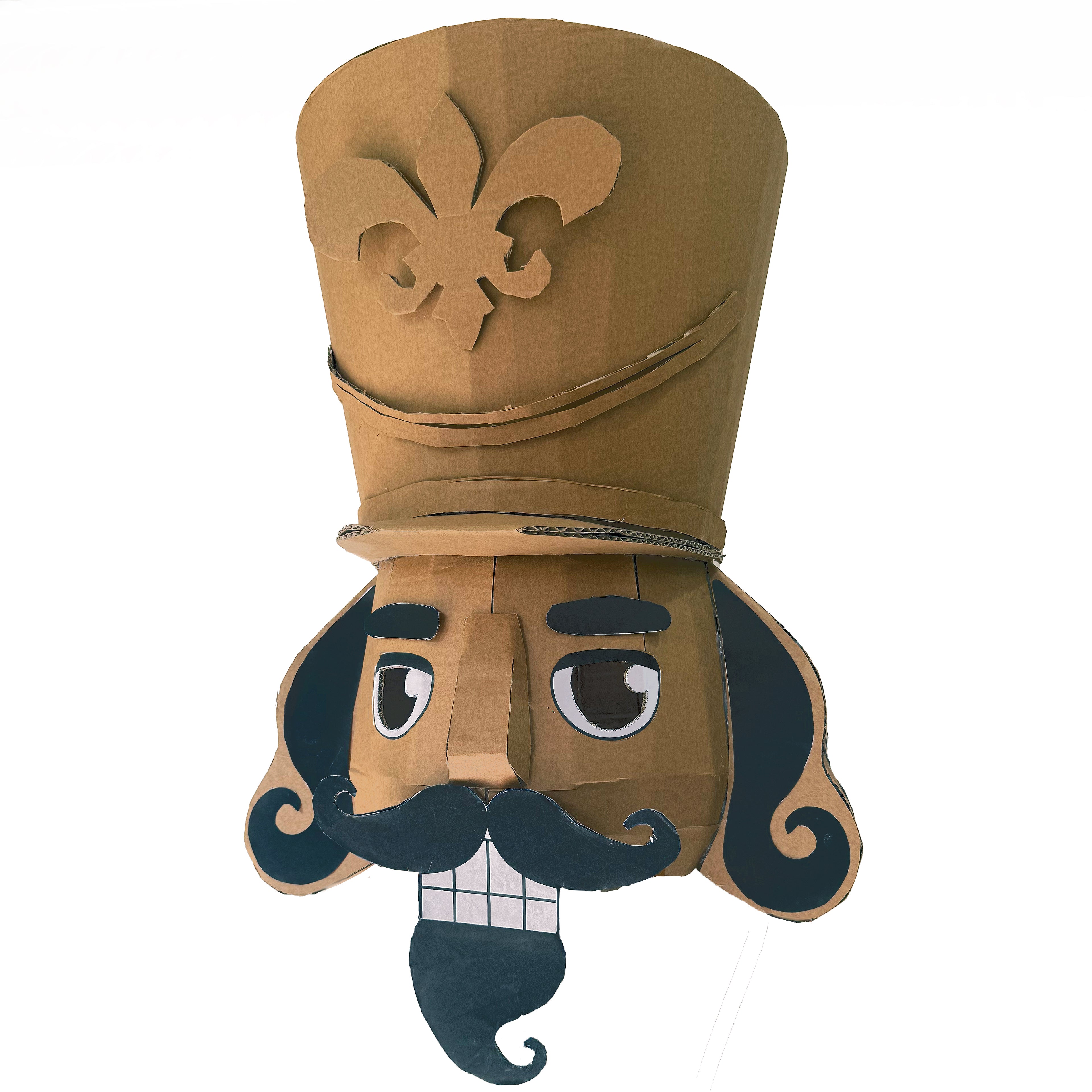 DIY Cardboard nutcracker with black hair and moustache and teeth on white background 