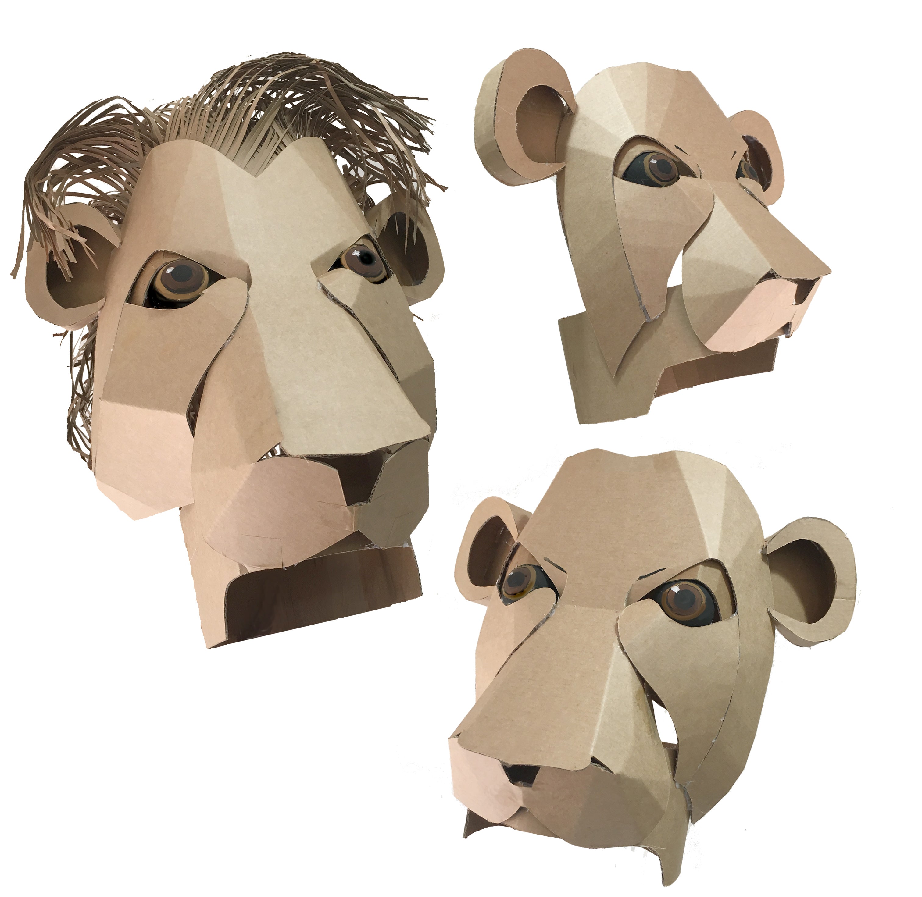 3 Lion headdress made from cardboard on a white background