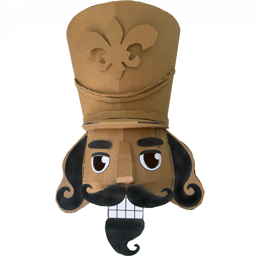DIY Nutcracker costume made from cardboard on white background