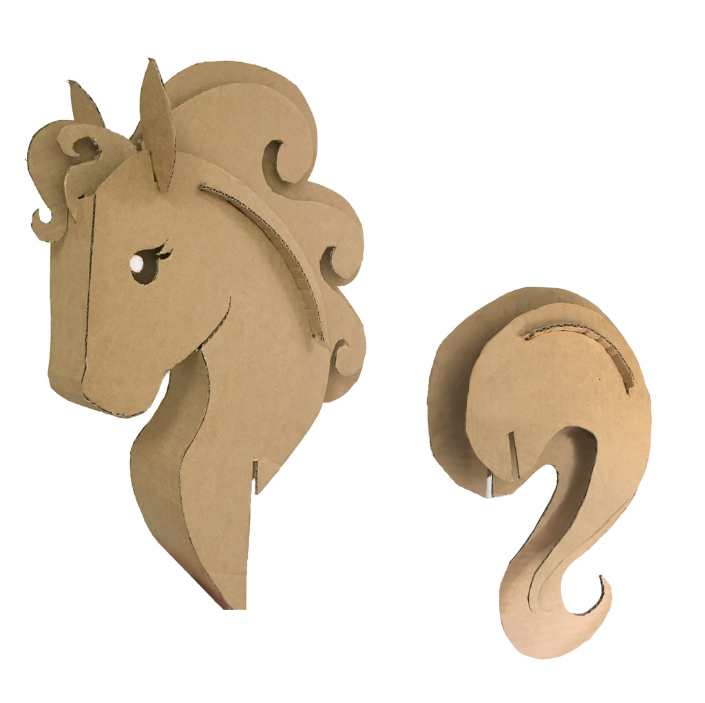 DIY Cardboard Unicorn Head and tail for a cardboard box costume.
