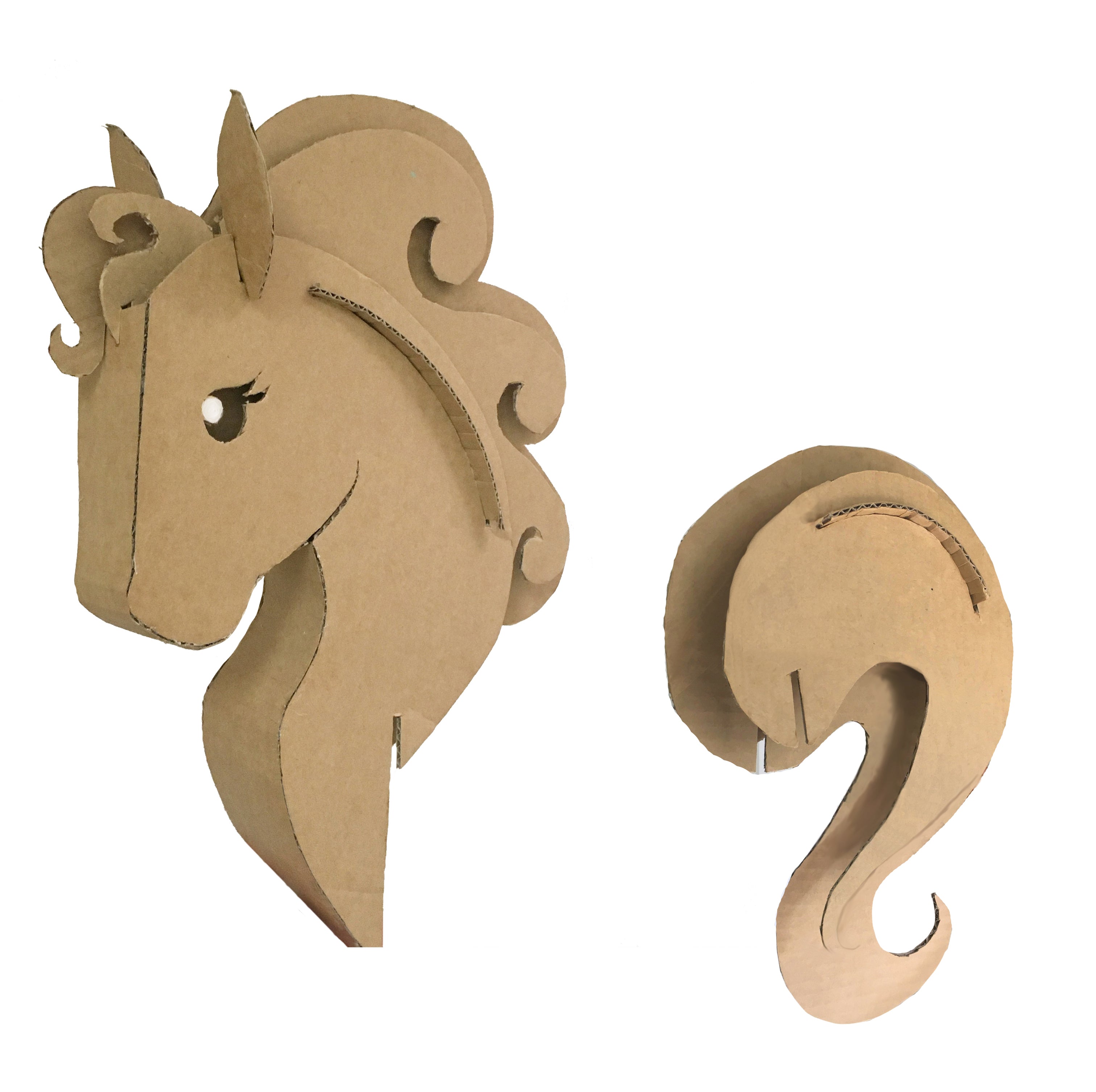 DIY Cardboard Unicorn Head and tail for a cardboard box costume.