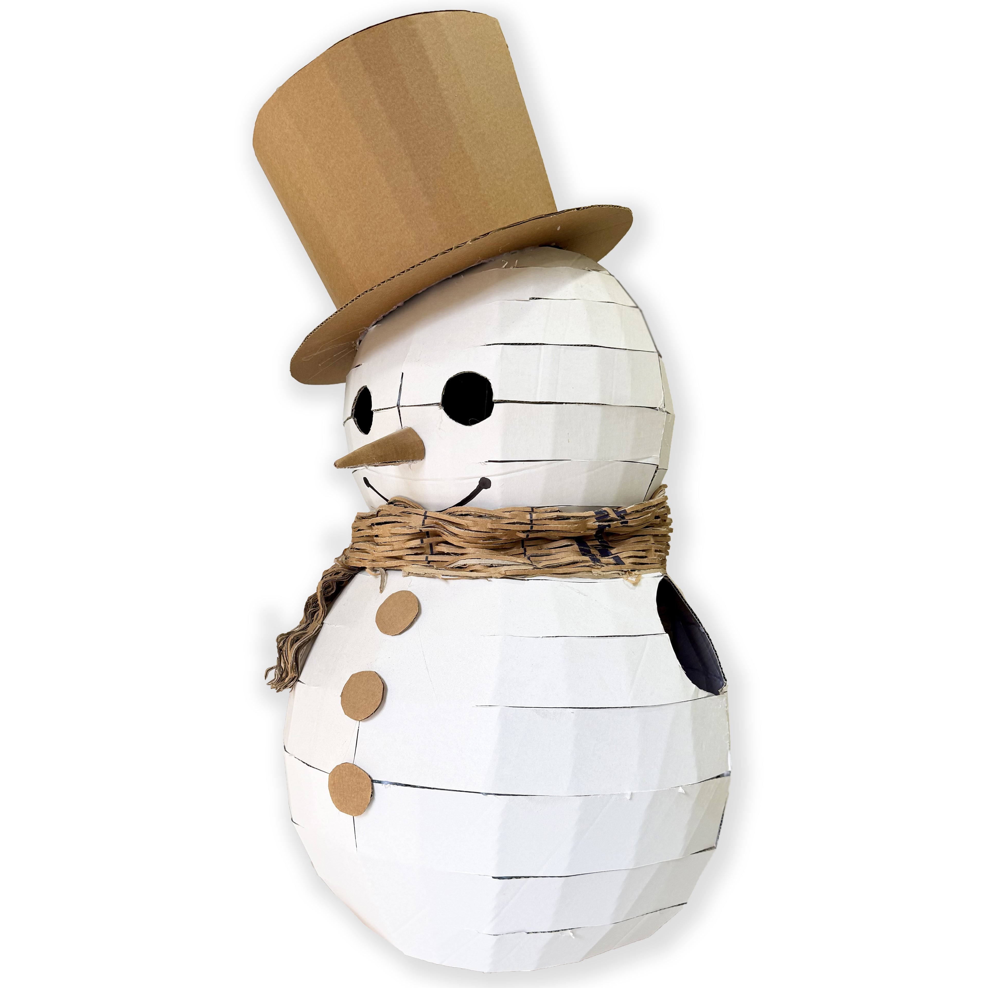 White cardboard snowman costume with top hat, nose, scarf and bottoms with white background
